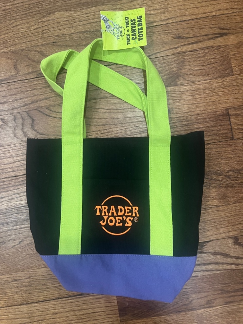 Trader Joe's Black Canvas Tote with Lime Green Straps and Purple Base